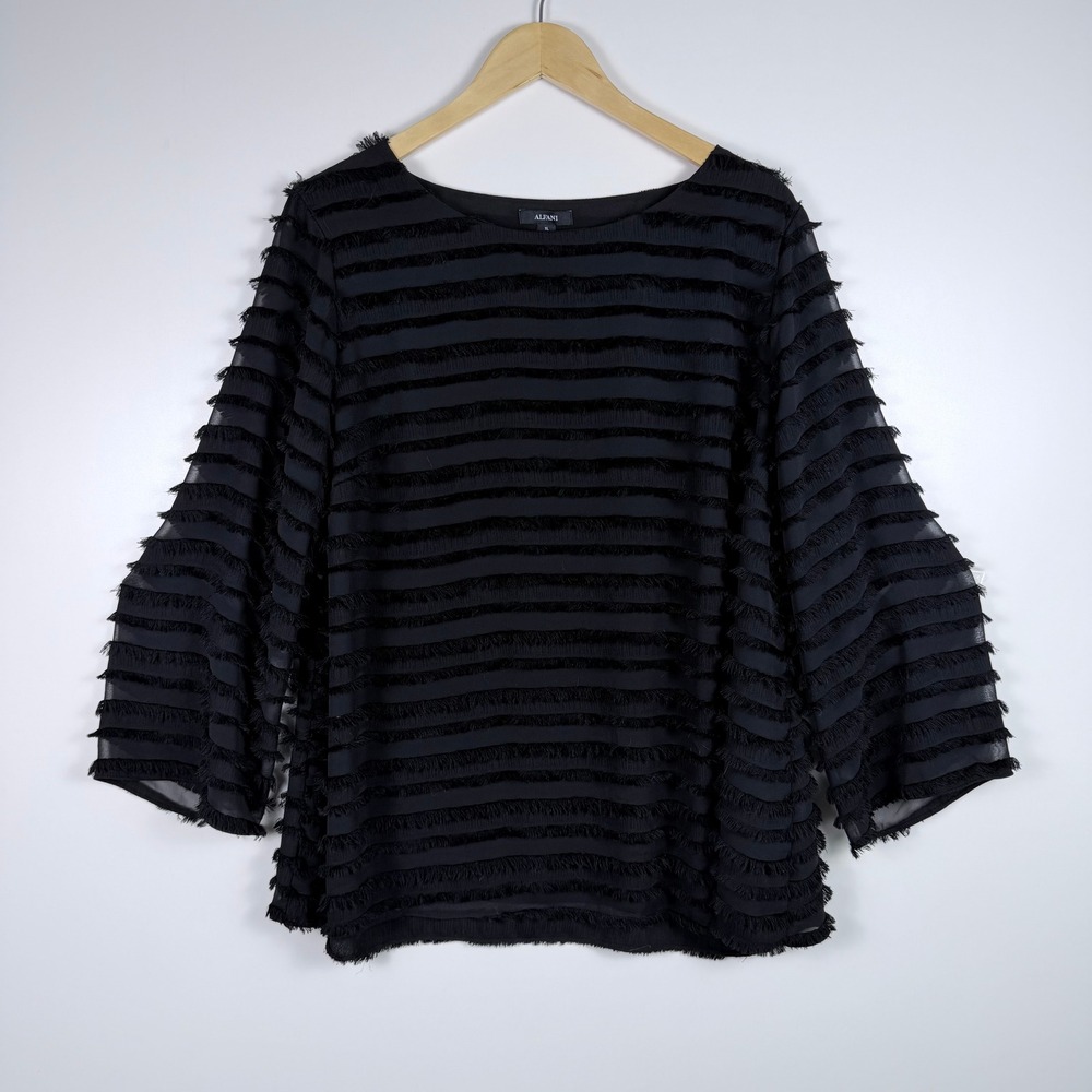 Whimsigoth Party Alfani Black Tiered Fringe Eyelash Chiffon Blouse Top Size XL - Picture 2 of 8